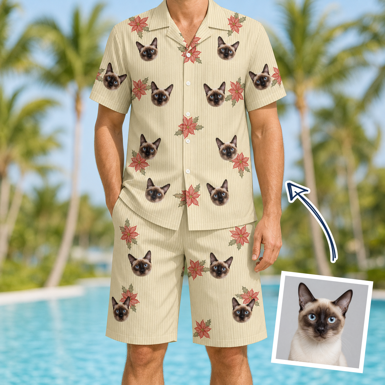 Man wearing Men's Poinsettia Pop Custom Cat Face Shirt & Shorts Set — custom faces printed all-over