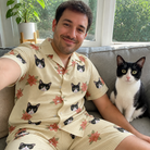 Selfie with the pet whose face is printed all over this Men's Poinsettia Pop Custom Cat Face Shirt & Shorts Set
