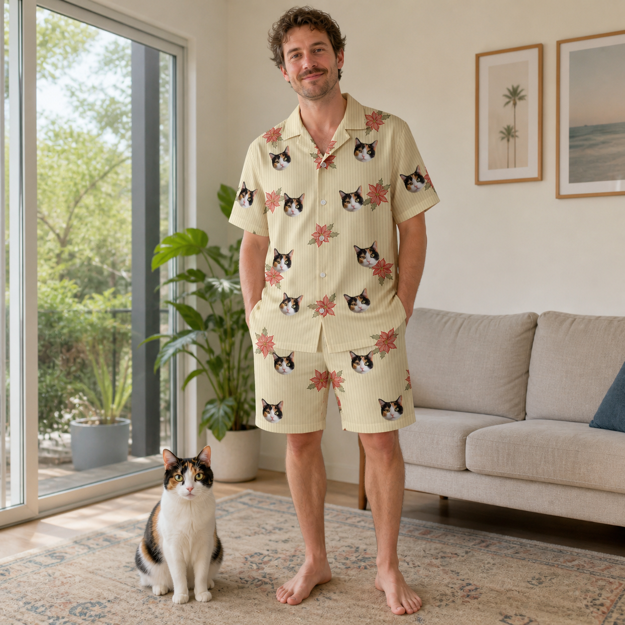 Full-length photo with the pet printed all over this Men's Poinsettia Pop Custom Cat Face Shirt & Shorts Set