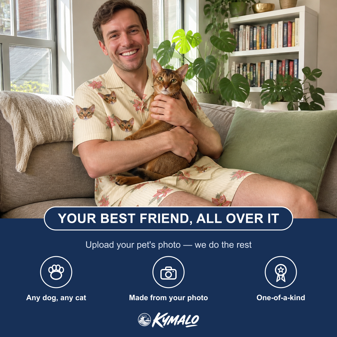 Friends in matching Men's Poinsettia Pop Custom Cat Face Shirt & Shorts Set — a group gift photo