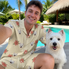 Selfie with the pet whose face is printed all over this Men's Poinsettia Pop Custom Dog Face Shirt & Shorts Set
