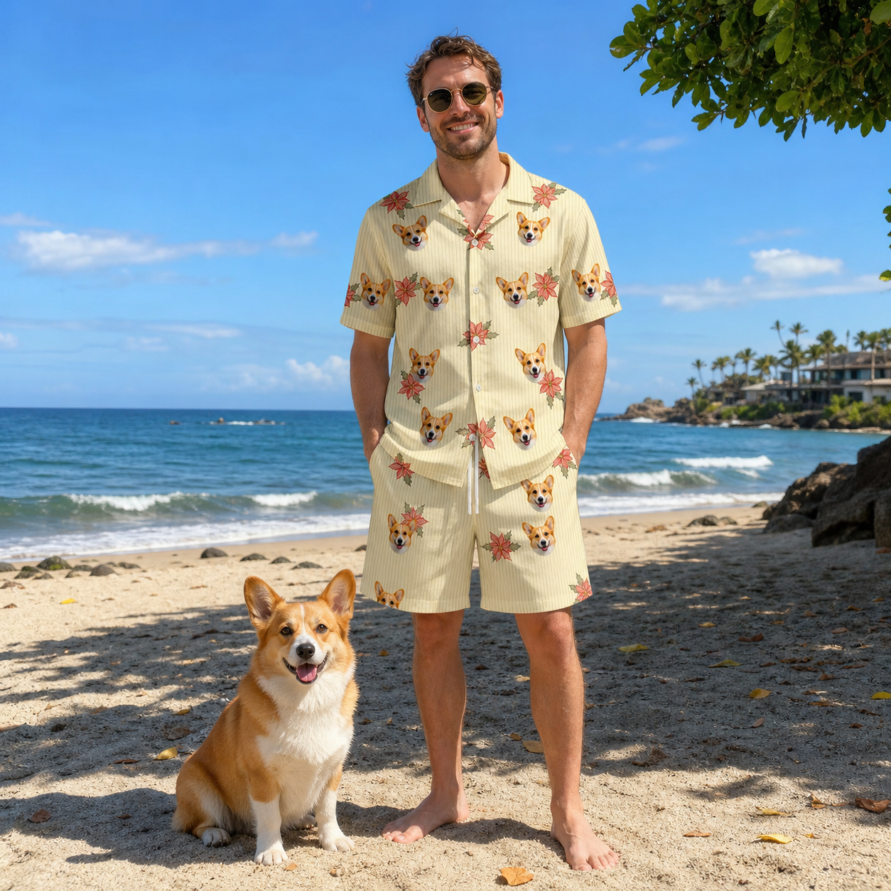 Full-length photo with the pet printed all over this Men's Poinsettia Pop Custom Dog Face Shirt & Shorts Set
