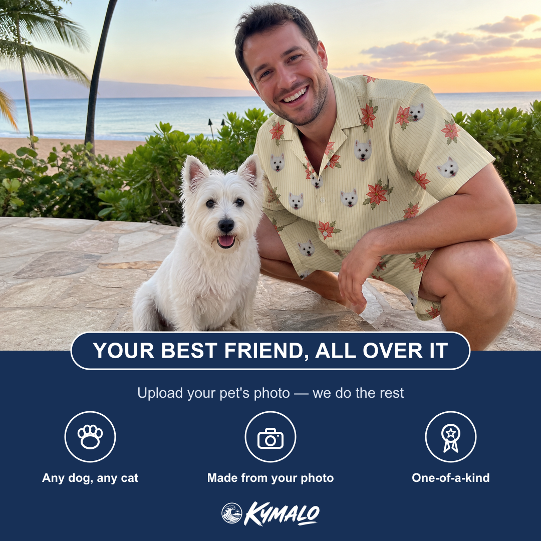 Friends in matching Men's Poinsettia Pop Custom Dog Face Shirt & Shorts Set — a group gift photo