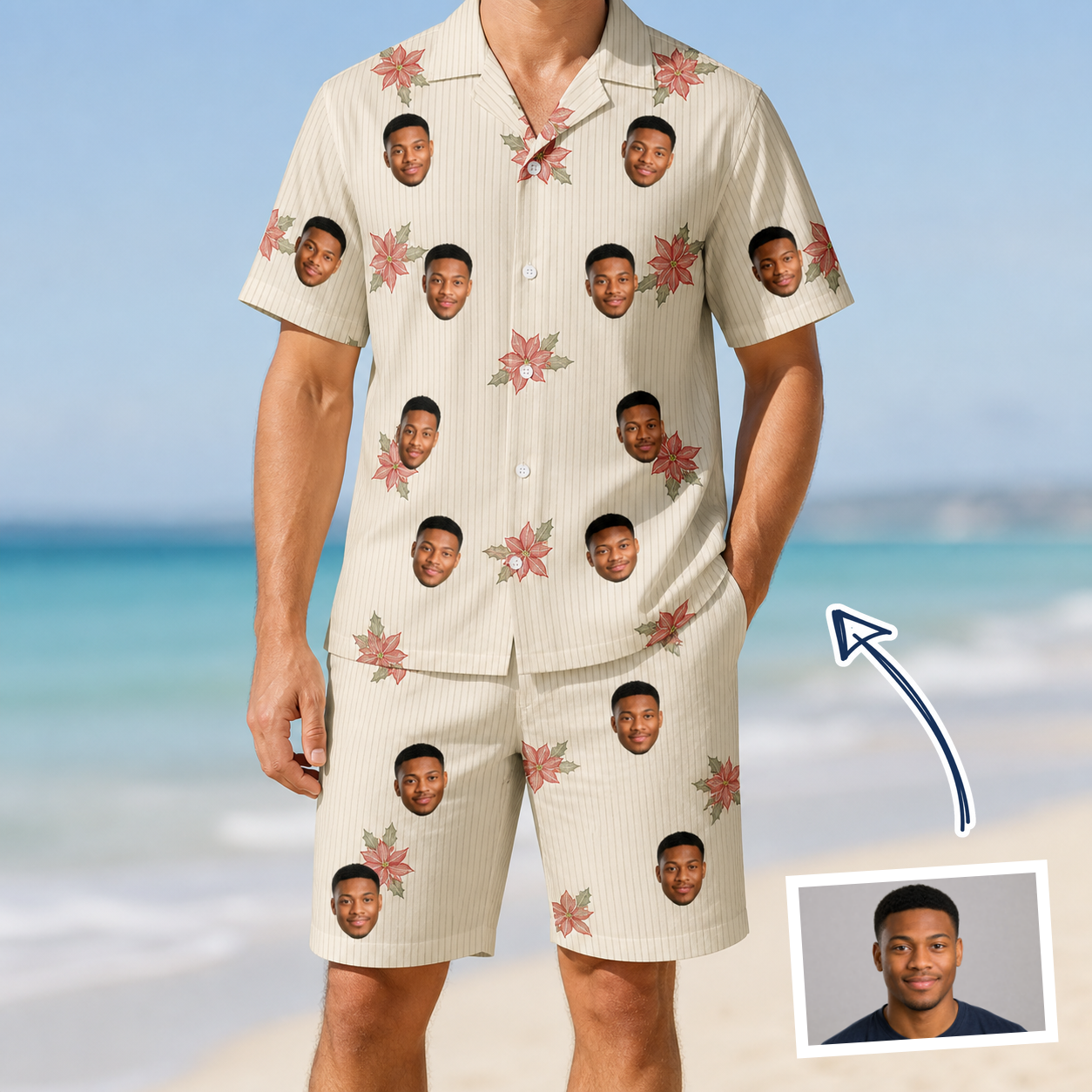 Man wearing Men's Poinsettia Pop Custom Face Shirt & Shorts Set — custom faces printed all-over