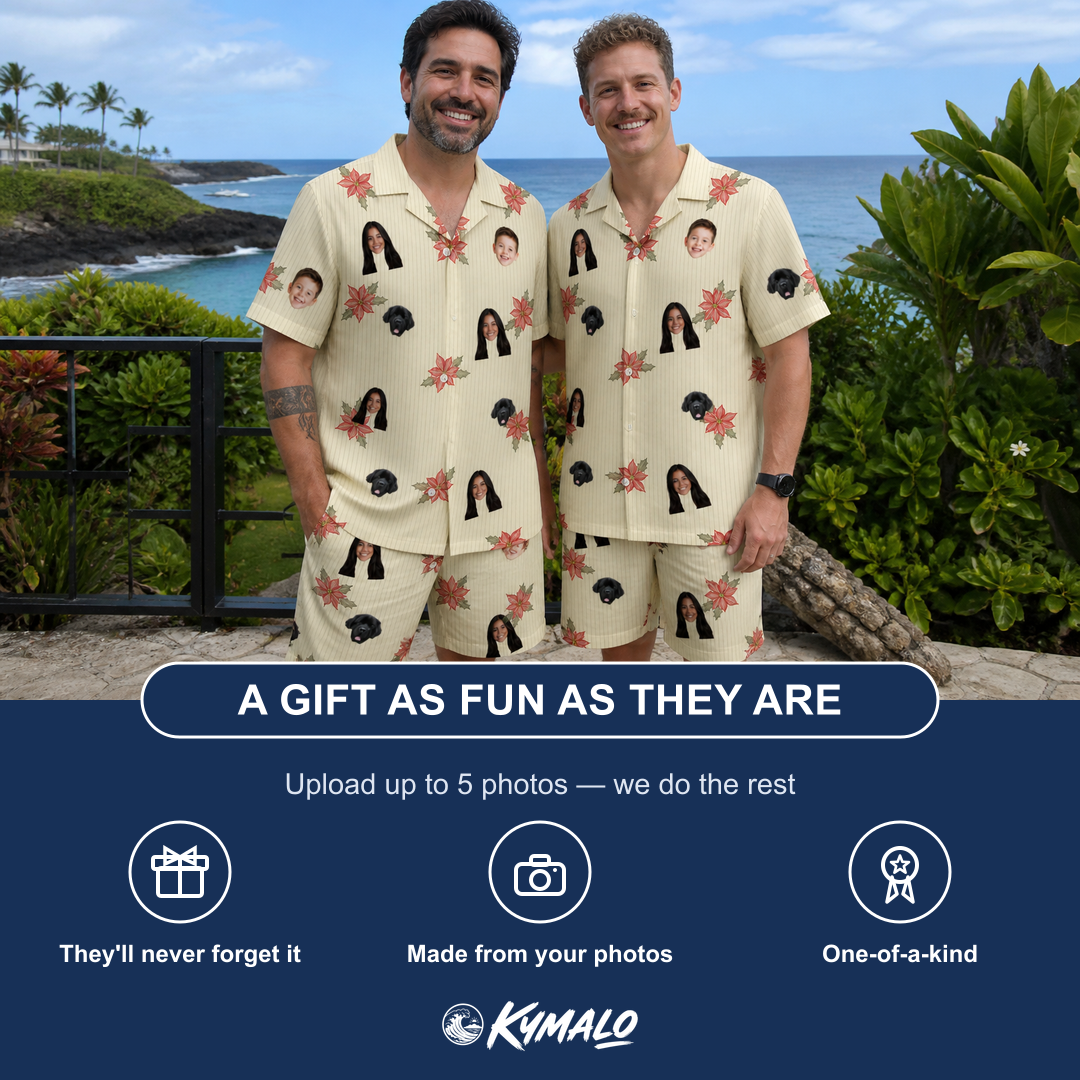 Friends in matching Men's Poinsettia Pop Custom Face Shirt & Shorts Set — a group gift photo