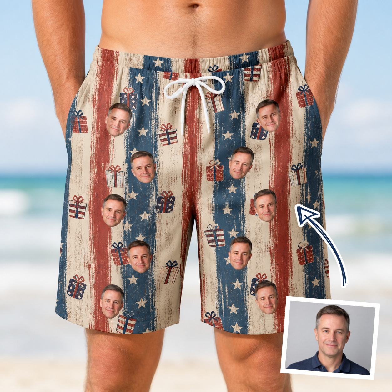 Man wearing Men's Wrapped Wonders Custom Face Beach Shorts — custom faces printed all-over