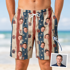 Man wearing Men's Wrapped Wonders Custom Face Beach Shorts — custom faces printed all-over