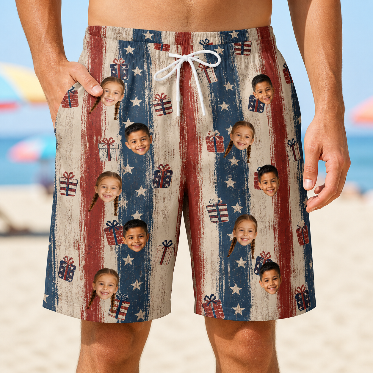 Model wearing Men's Wrapped Wonders Custom Face Beach Shorts printed with kids' faces