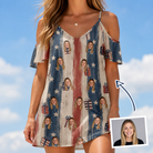 Woman wearing Women's Wrapped Wonders Custom Face Off-Shoulder Dress — custom faces printed all-over