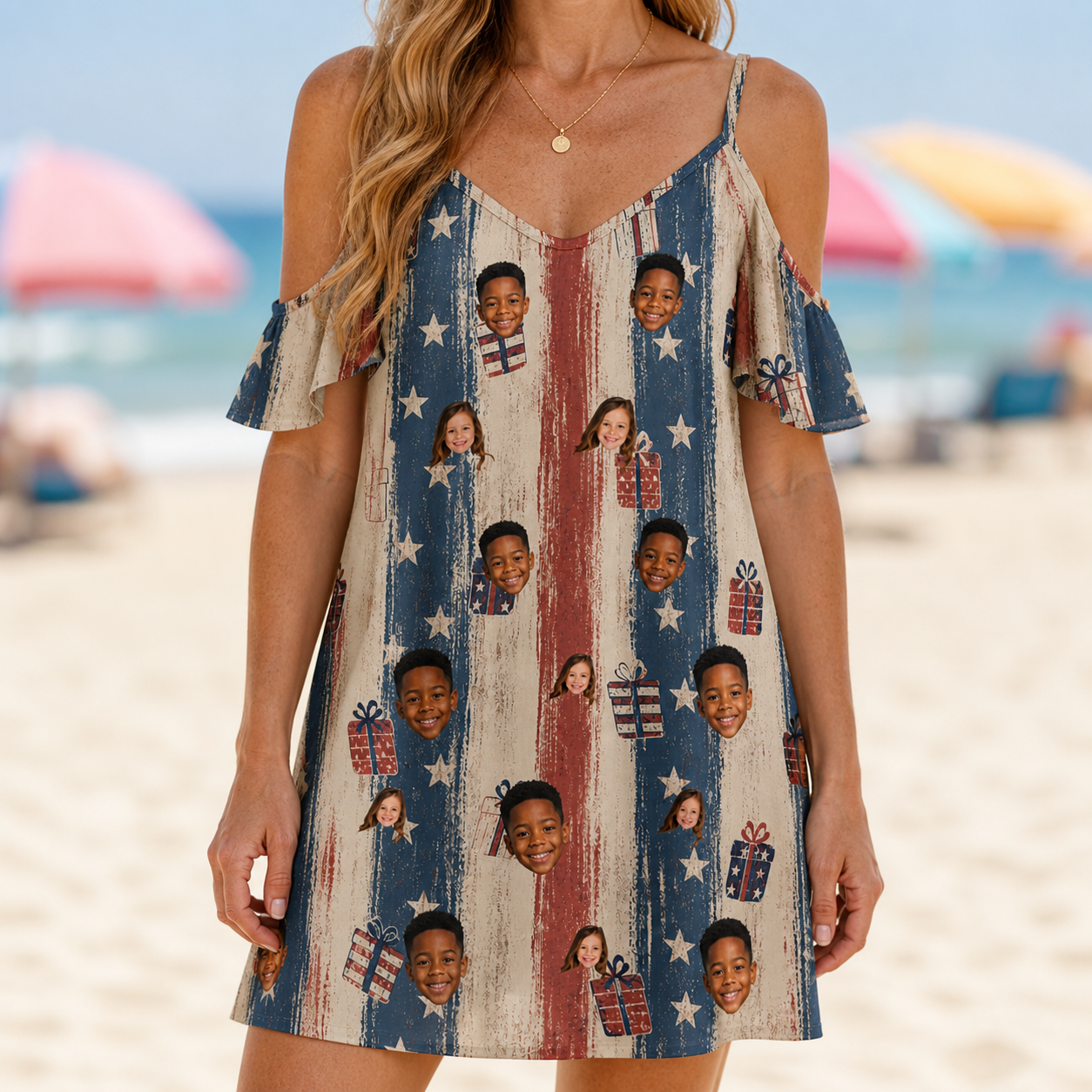 Model wearing Women's Wrapped Wonders Custom Face Off-Shoulder Dress printed with kids' faces