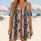 Model wearing Women's Wrapped Wonders Custom Face Off-Shoulder Dress printed with kids' faces