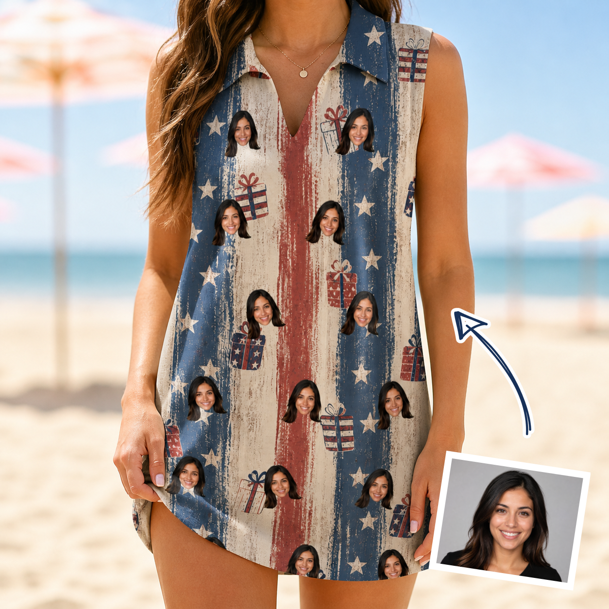 Woman wearing Women's Wrapped Wonders Custom Face V-Neck Dress — custom faces printed all-over