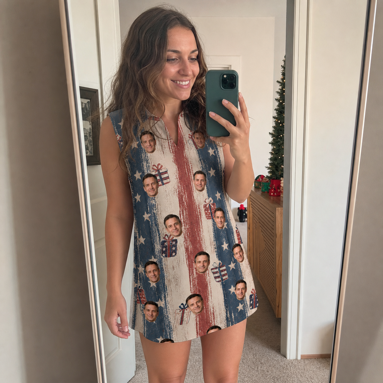 Real-life photo of someone wearing Women's Wrapped Wonders Custom Face V-Neck Dress — custom faces printed all-over