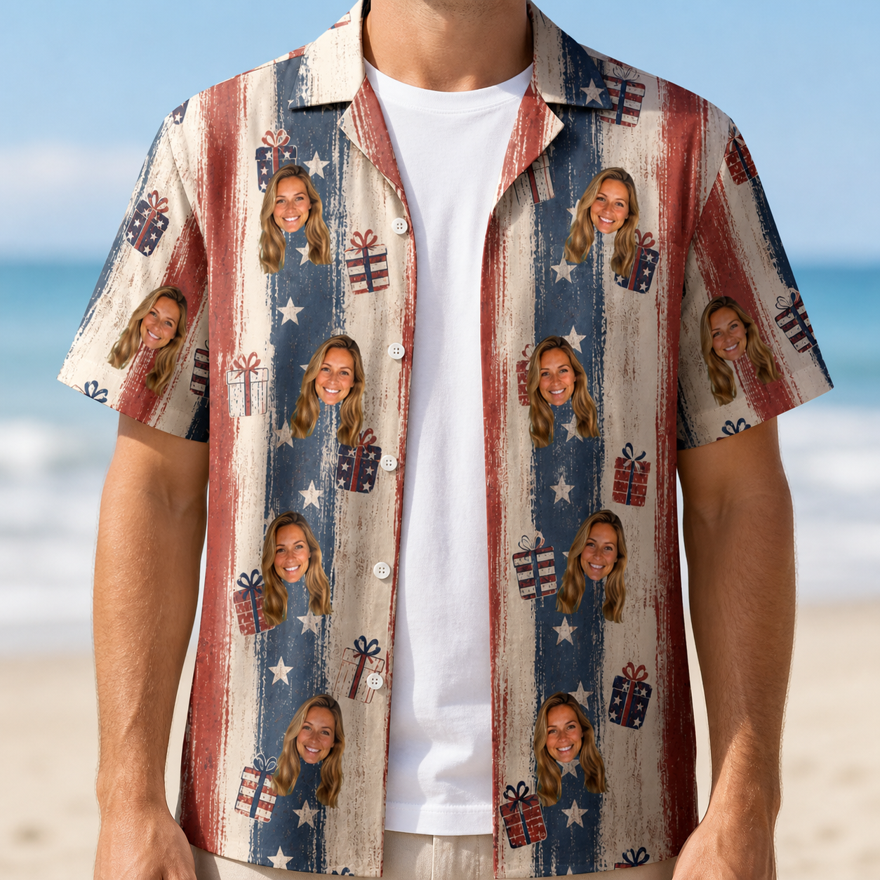Man wearing Men's Wrapped Wonders Custom Face Hawaiian Shirt open over a white tee