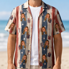 Man wearing Men's Wrapped Wonders Custom Face Hawaiian Shirt open over a white tee