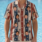 Model wearing Men's Wrapped Wonders Custom Face Hawaiian Shirt printed with kids' faces