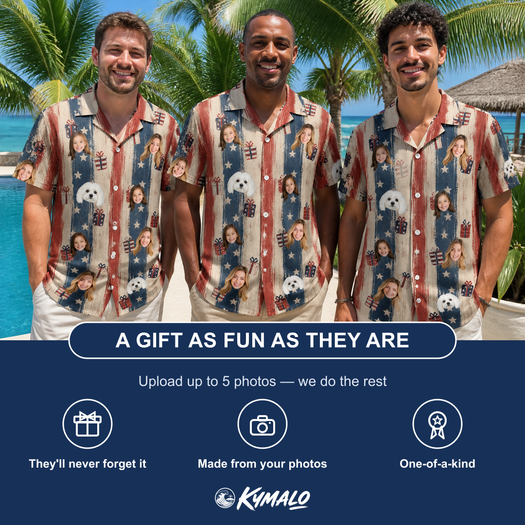 Friends in matching Men's Wrapped Wonders Custom Face Hawaiian Shirt — a group gift photo