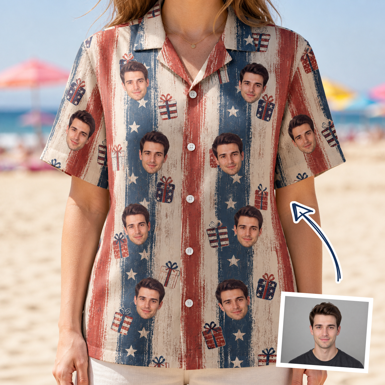 Woman wearing Women's Wrapped Wonders Custom Face Hawaiian Shirt — custom faces printed all-over