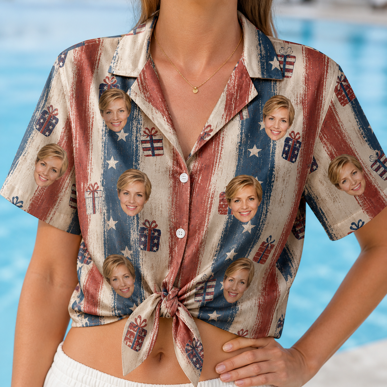 Woman wearing Women's Wrapped Wonders Custom Face Hawaiian Shirt tied at the waist