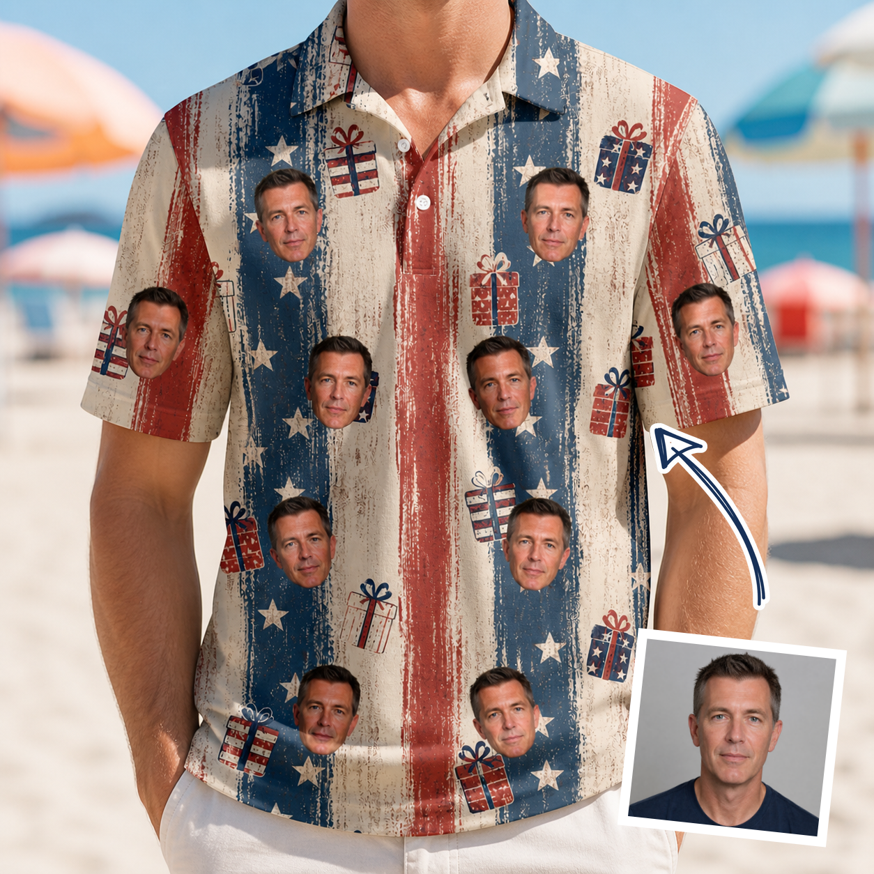 Man wearing Men's Wrapped Wonders Custom Face Polo Shirt — custom faces printed all-over