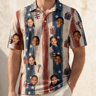 Model wearing Men's Wrapped Wonders Custom Face Polo Shirt printed with kids' faces