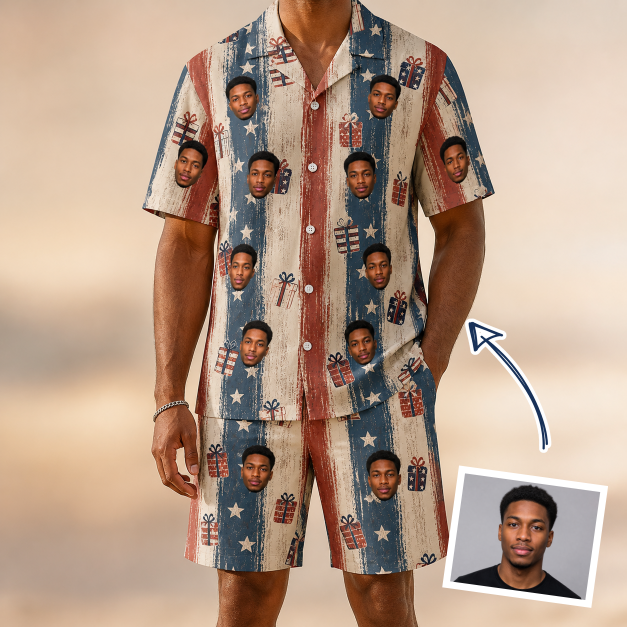 Man wearing Men's Wrapped Wonders Custom Face Shirt & Shorts Set — custom faces printed all-over