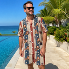 Real-life photo of someone wearing Men's Wrapped Wonders Custom Face Shirt & Shorts Set — custom faces printed all-over