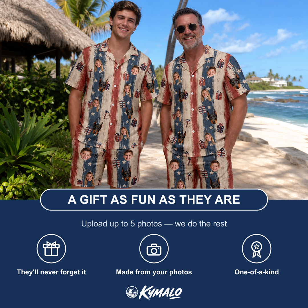Friends in matching Men's Wrapped Wonders Custom Face Shirt & Shorts Set — a group gift photo