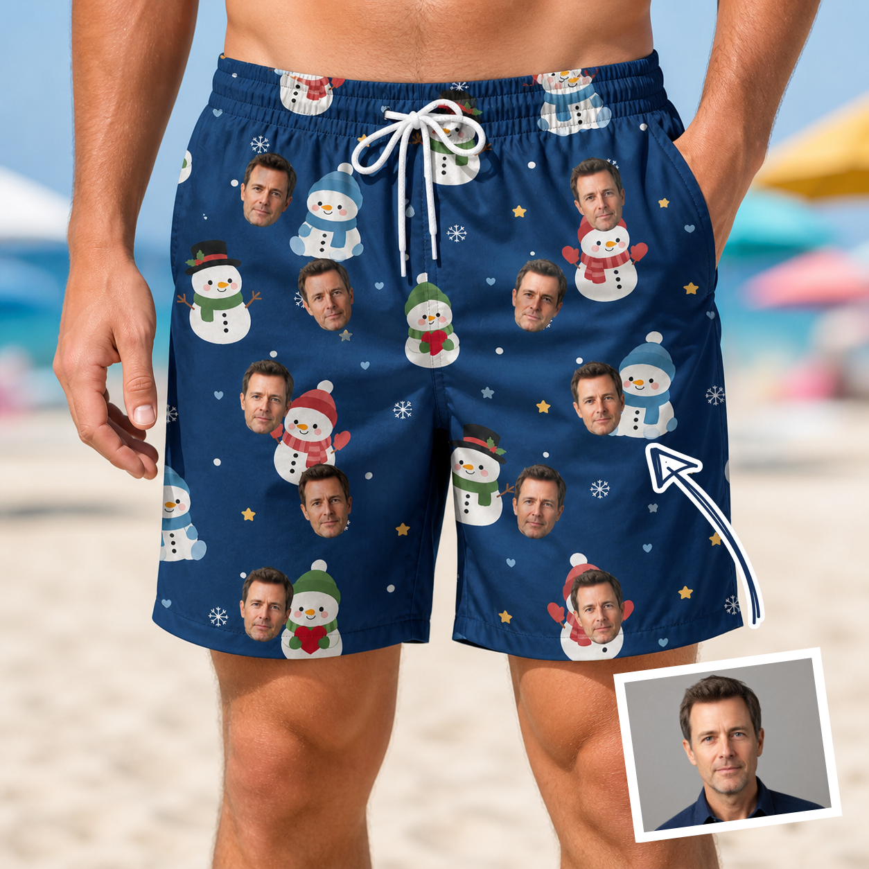 Man wearing Men's Snowman Shenanigans Custom Face Beach Shorts — custom faces printed all-over