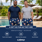 Friends in matching Men's Snowman Shenanigans Custom Face Beach Shorts — a group gift photo