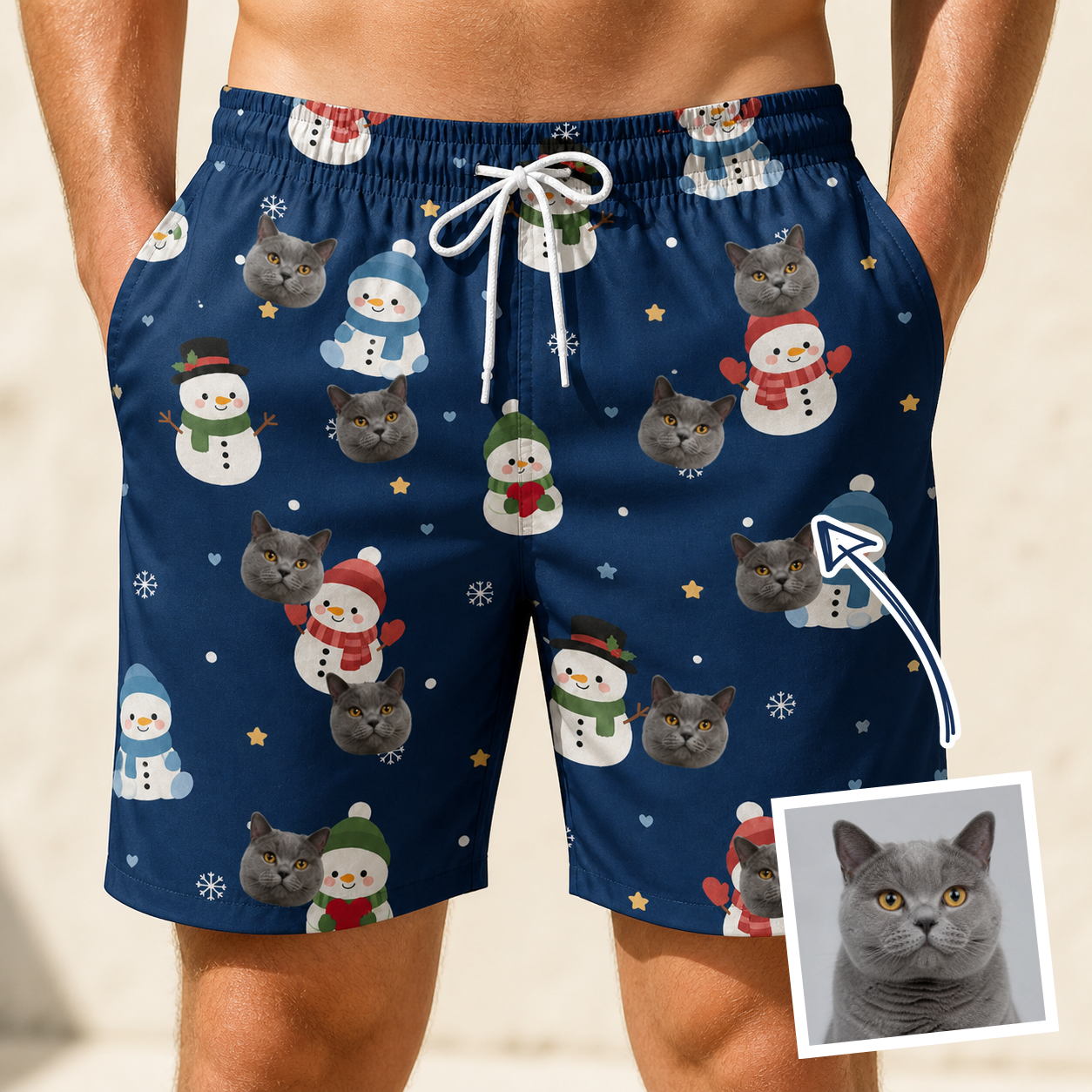 Man wearing Men's Snowman Shenanigans Custom Cat Face Beach Shorts — custom faces printed all-over