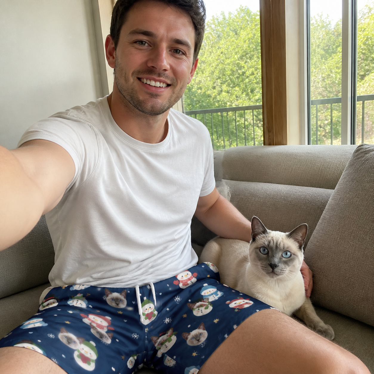 Selfie with the pet whose face is printed all over this Men's Snowman Shenanigans Custom Cat Face Beach Shorts