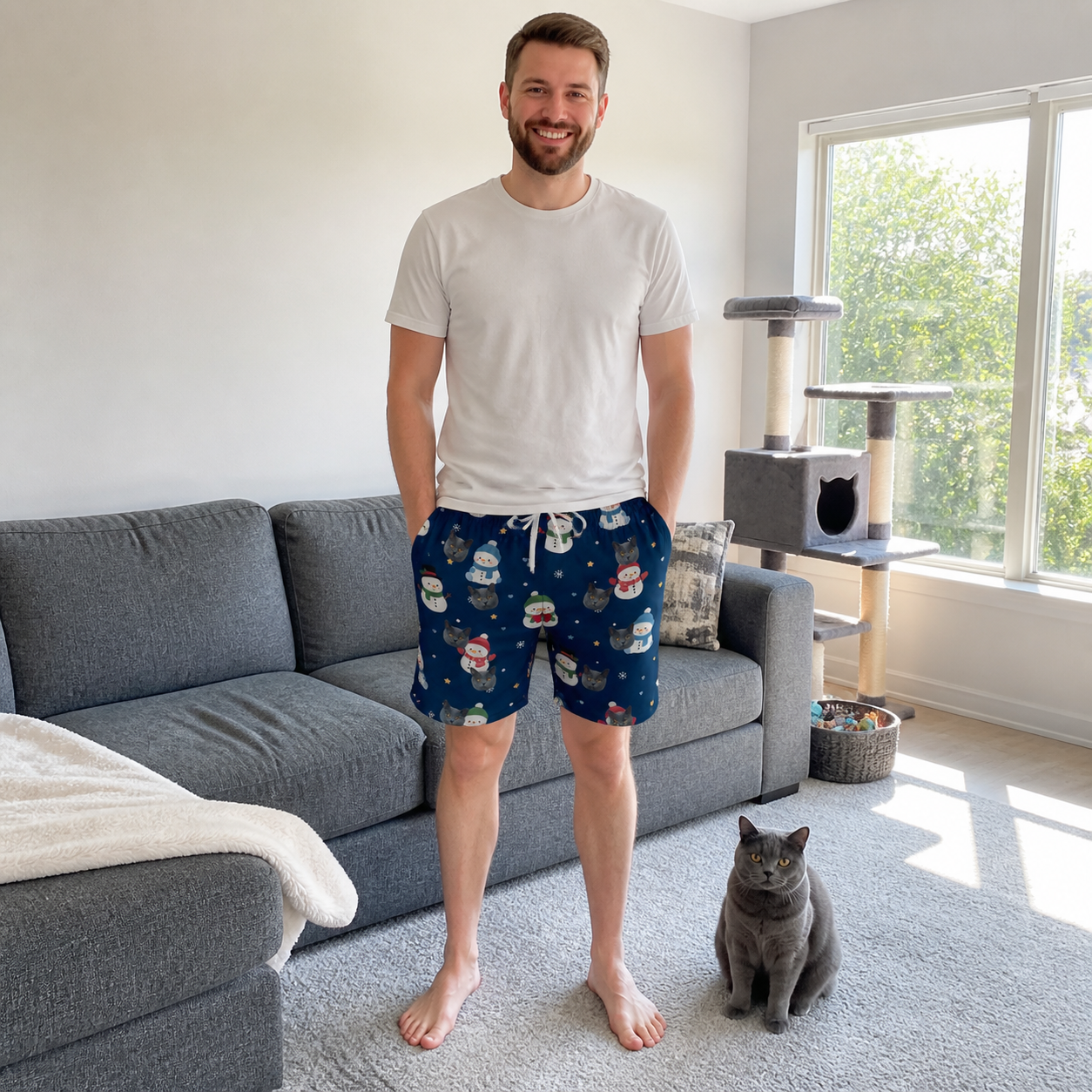 Full-length photo with the pet printed all over this Men's Snowman Shenanigans Custom Cat Face Beach Shorts