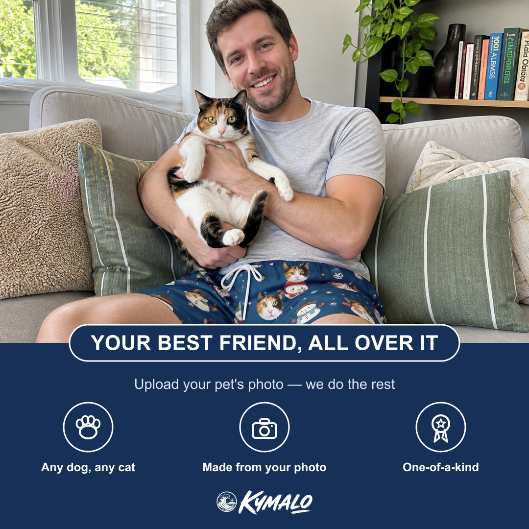 Friends in matching Men's Snowman Shenanigans Custom Cat Face Beach Shorts — a group gift photo