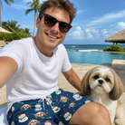 Selfie with the pet whose face is printed all over this Men's Snowman Shenanigans Custom Dog Face Beach Shorts