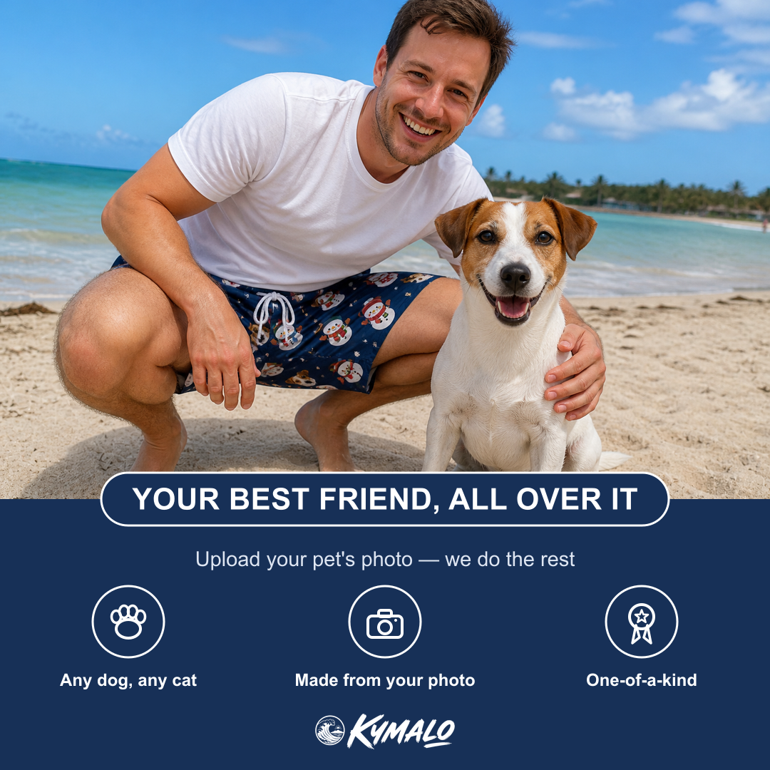 Friends in matching Men's Snowman Shenanigans Custom Dog Face Beach Shorts — a group gift photo
