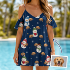 Woman wearing Women's Snowman Shenanigans Custom Dog Face Off-Shoulder Dress — custom faces printed all-over