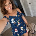 Selfie with the pet whose face is printed all over this Women's Snowman Shenanigans Custom Dog Face Off-Shoulder Dress