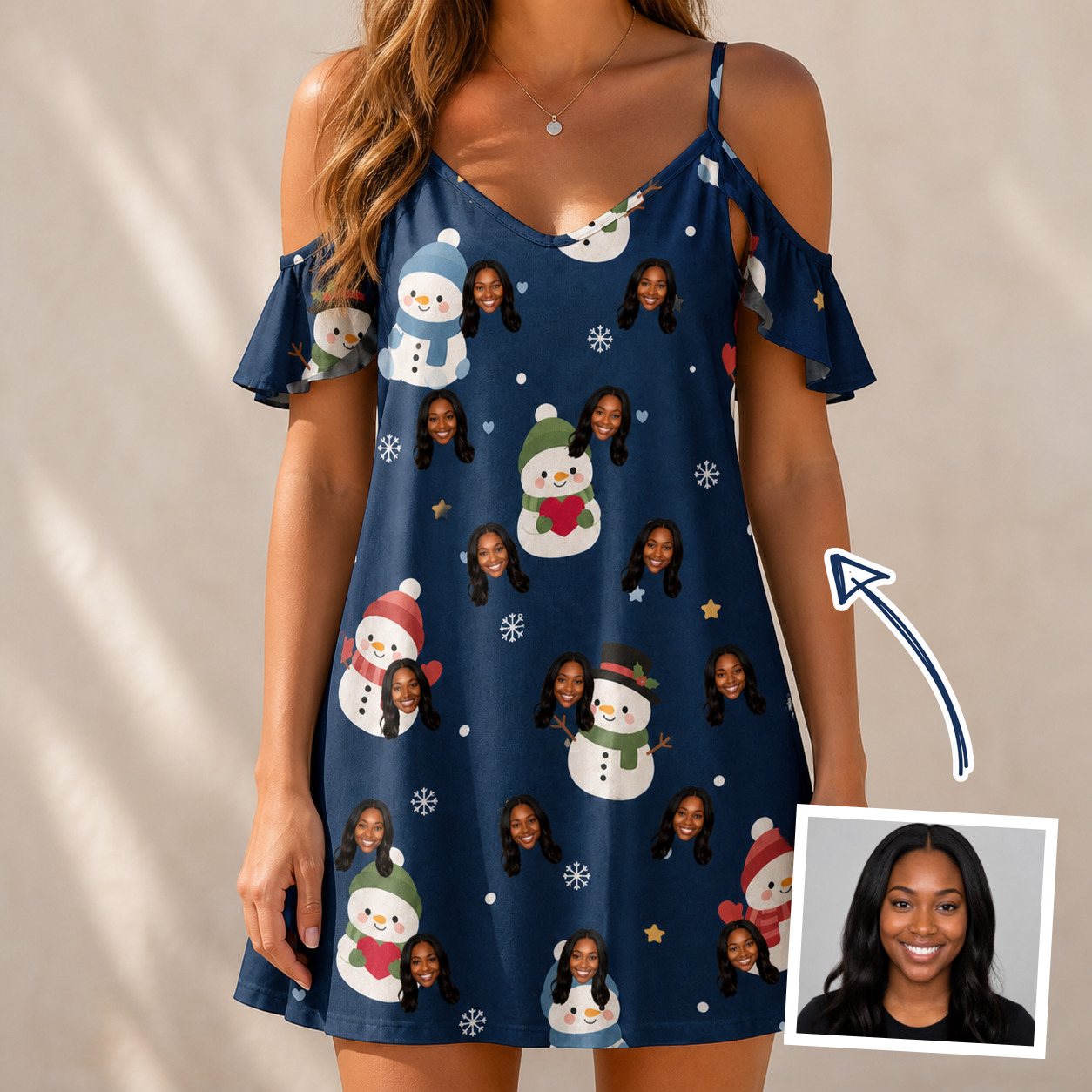 Woman wearing Women's Snowman Shenanigans Custom Face Off-Shoulder Dress — custom faces printed all-over