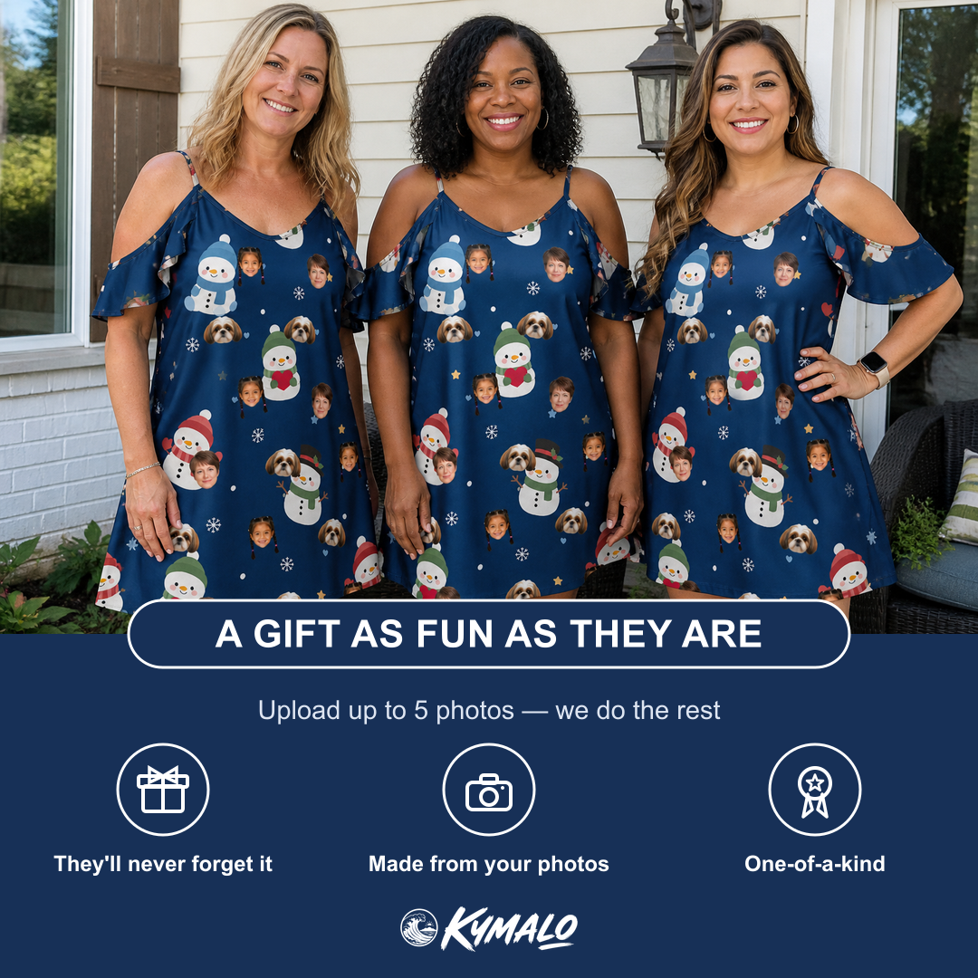 Friends in matching Women's Snowman Shenanigans Custom Face Off-Shoulder Dress — a group gift photo