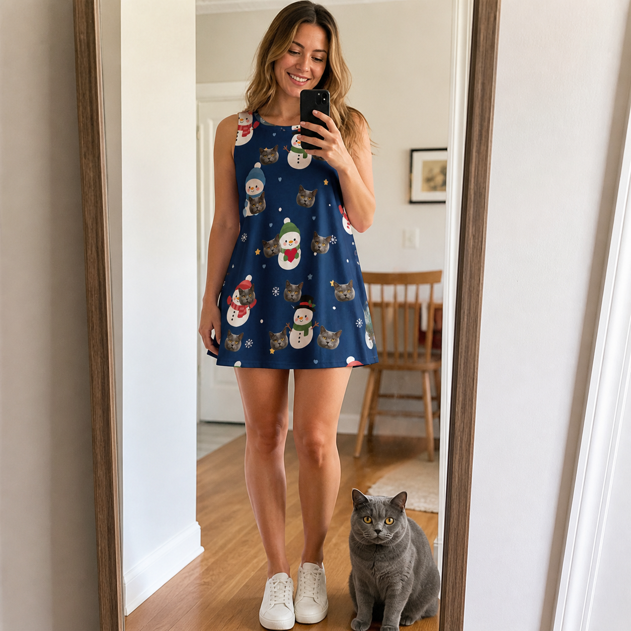 Full-length photo with the pet printed all over this Women's Snowman Shenanigans Custom Cat Face Tank Dress