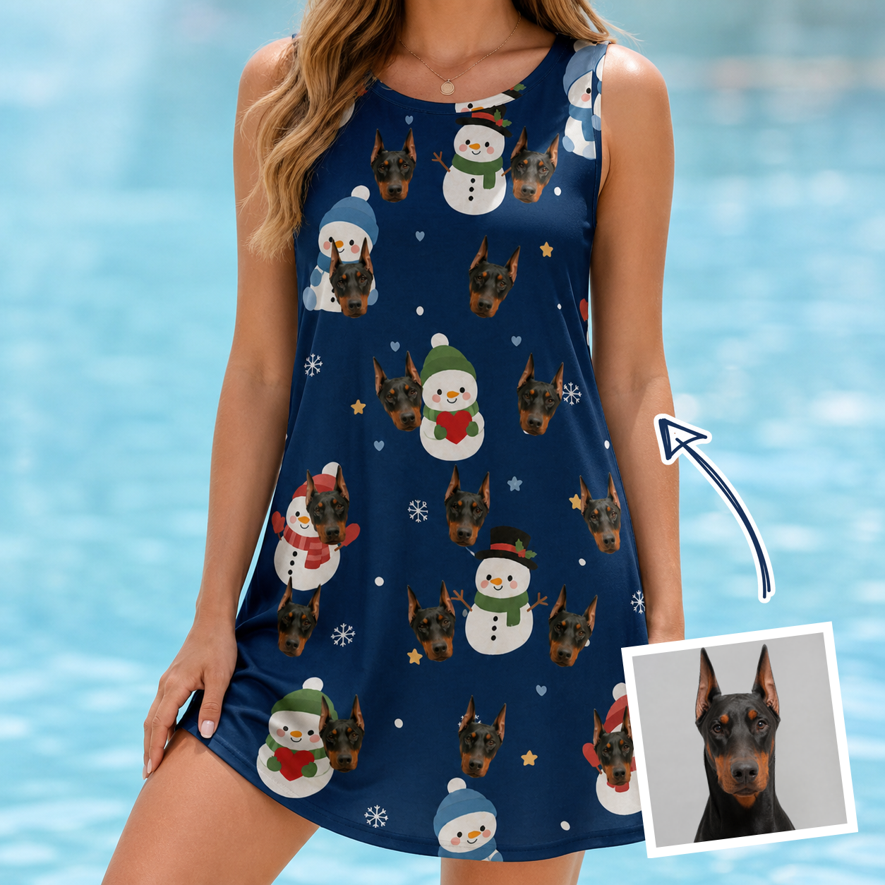 Woman wearing Women's Snowman Shenanigans Custom Dog Face Tank Dress — custom faces printed all-over