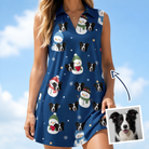 Woman wearing Women's Snowman Shenanigans Custom Dog Face V-Neck Dress — custom faces printed all-over