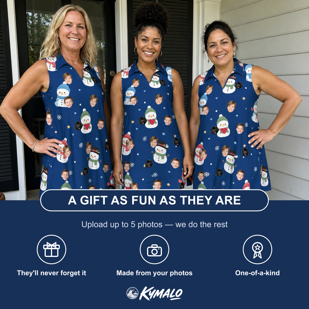 Friends in matching Women's Snowman Shenanigans Custom Face V-Neck Dress — a group gift photo