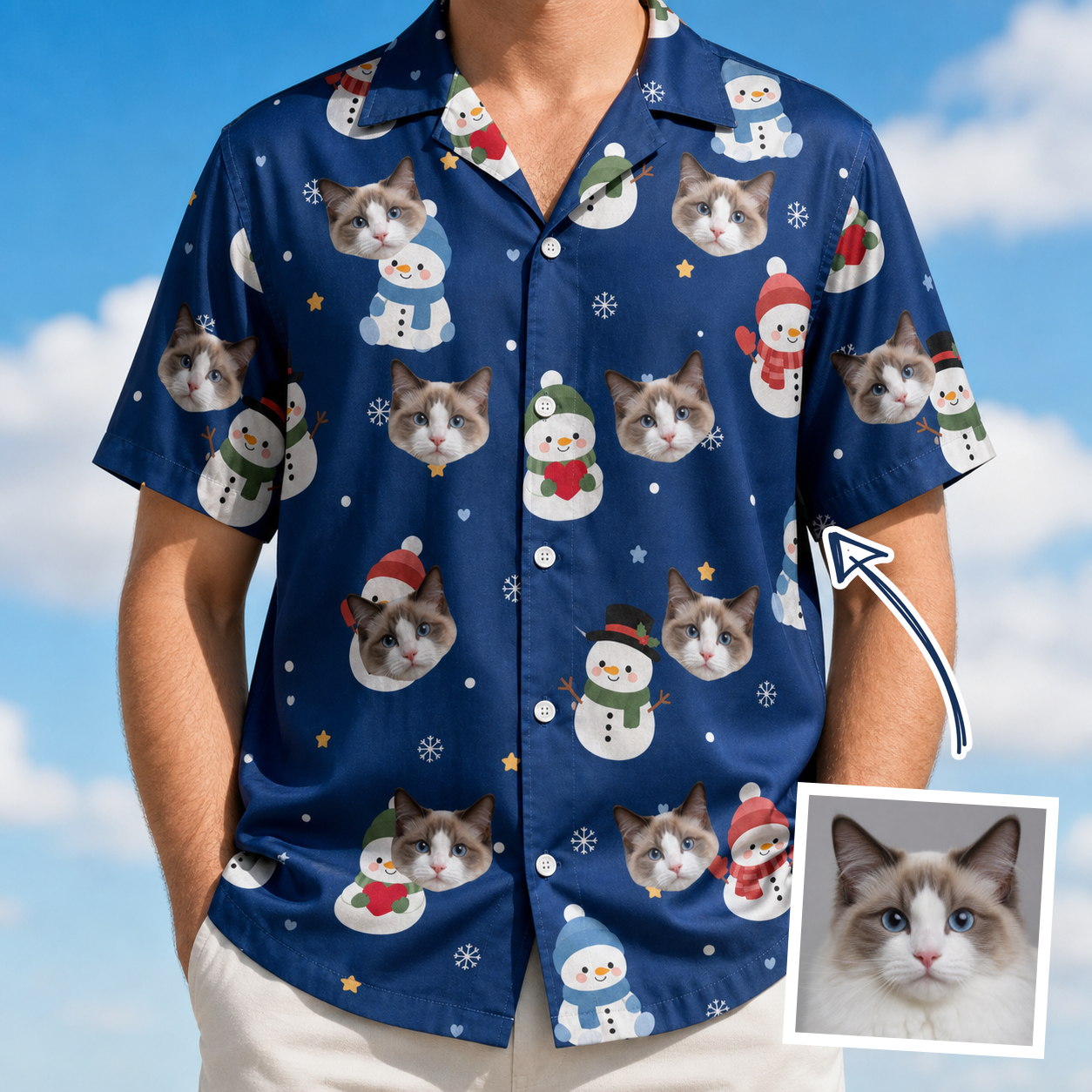 Man wearing Men's Snowman Shenanigans Custom Cat Face Hawaiian Shirt — custom faces printed all-over