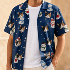 Man wearing Men's Snowman Shenanigans Custom Cat Face Hawaiian Shirt open over a white tee