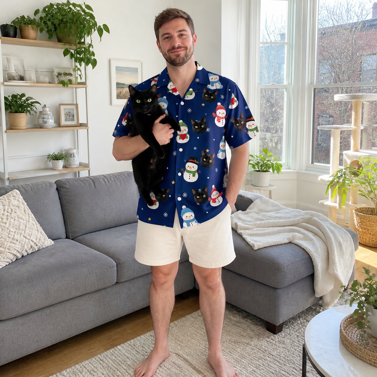 Full-length photo with the pet printed all over this Men's Snowman Shenanigans Custom Cat Face Hawaiian Shirt