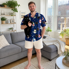 Full-length photo with the pet printed all over this Men's Snowman Shenanigans Custom Cat Face Hawaiian Shirt