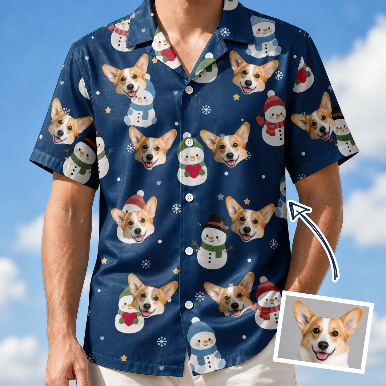 Man wearing Men's Snowman Shenanigans Custom Dog Face Hawaiian Shirt — custom faces printed all-over