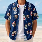 Man wearing Men's Snowman Shenanigans Custom Dog Face Hawaiian Shirt open over a white tee